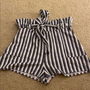 Blue and white striped high waisted shorts